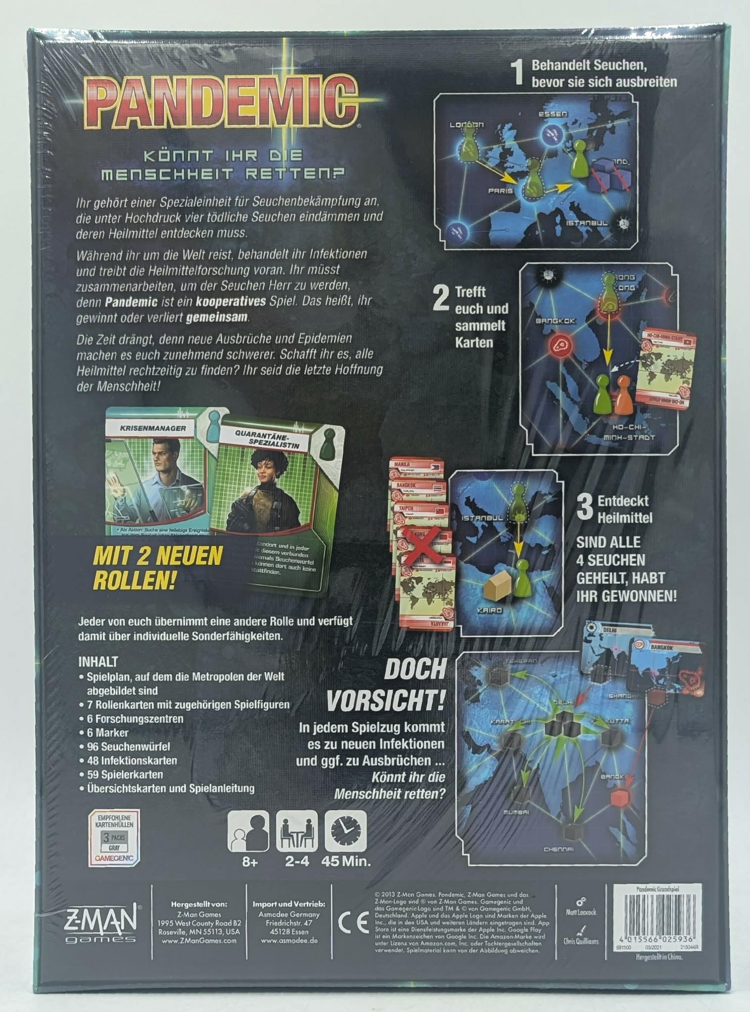 Die Rückseite der Pandemie-Brettspielbox zeigt Spielkomponenten, Regeln, Karten und einen Weltkartenausschnitt.