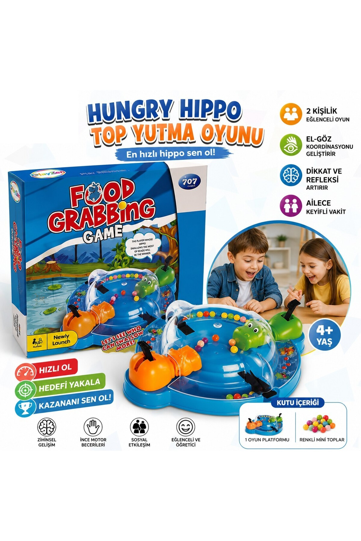 Mavi tabanlı, renkli toplu ve oynayan neşeli çocukların yer aldığı Hungry Hippo masa oyunu.