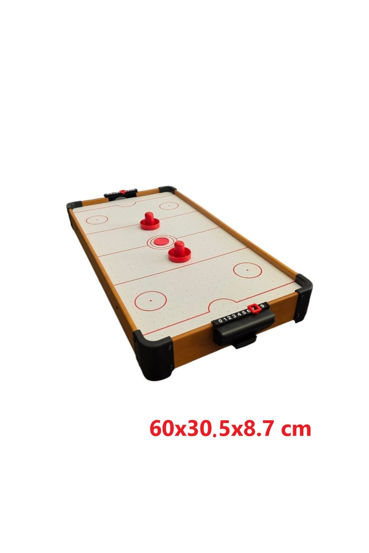 60x30,5x8,7 cm ölçülerinde, iki kırmızı vuruş aleti ve diski olan ahşap mini air hockey masası.