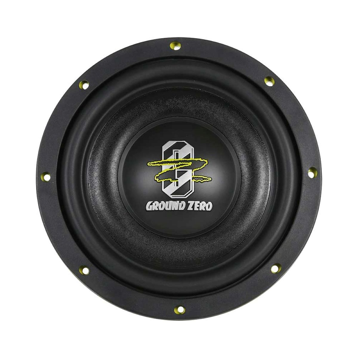 Ein schwarzer Ground Zero Auto-Subwoofer mit weißem Logo und gelben Akzenten sowie Montagebohrungen.