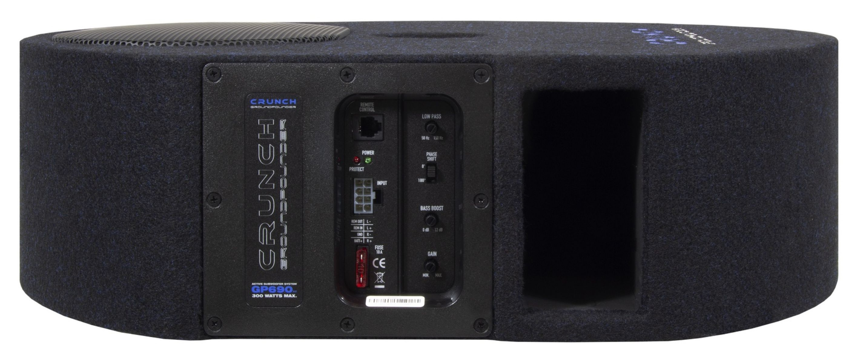 Ein blauer Crunch Auto-Subwoofer mit integriertem Verstärker und Anschlüssen auf der Rückseite.