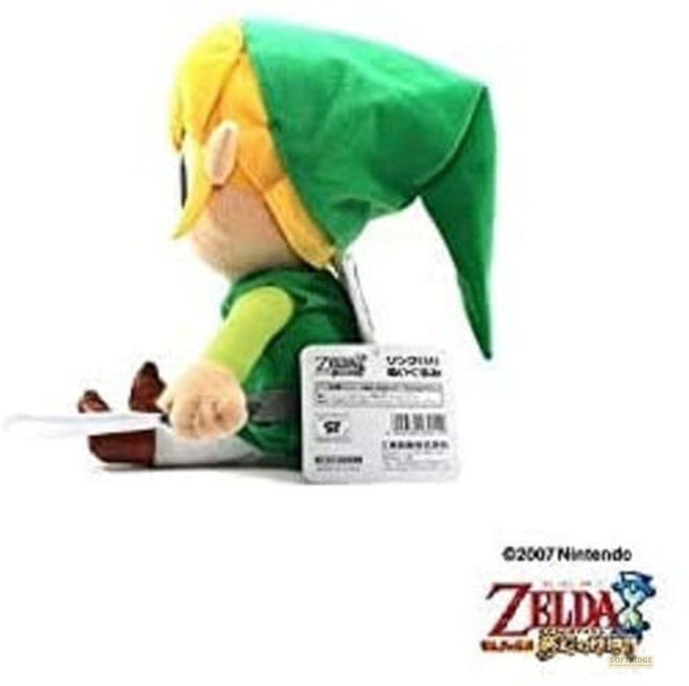 Ein Link-Plüschtier aus Zelda im Profil, in grünem Hut und Tunika, mit einem Schwert.