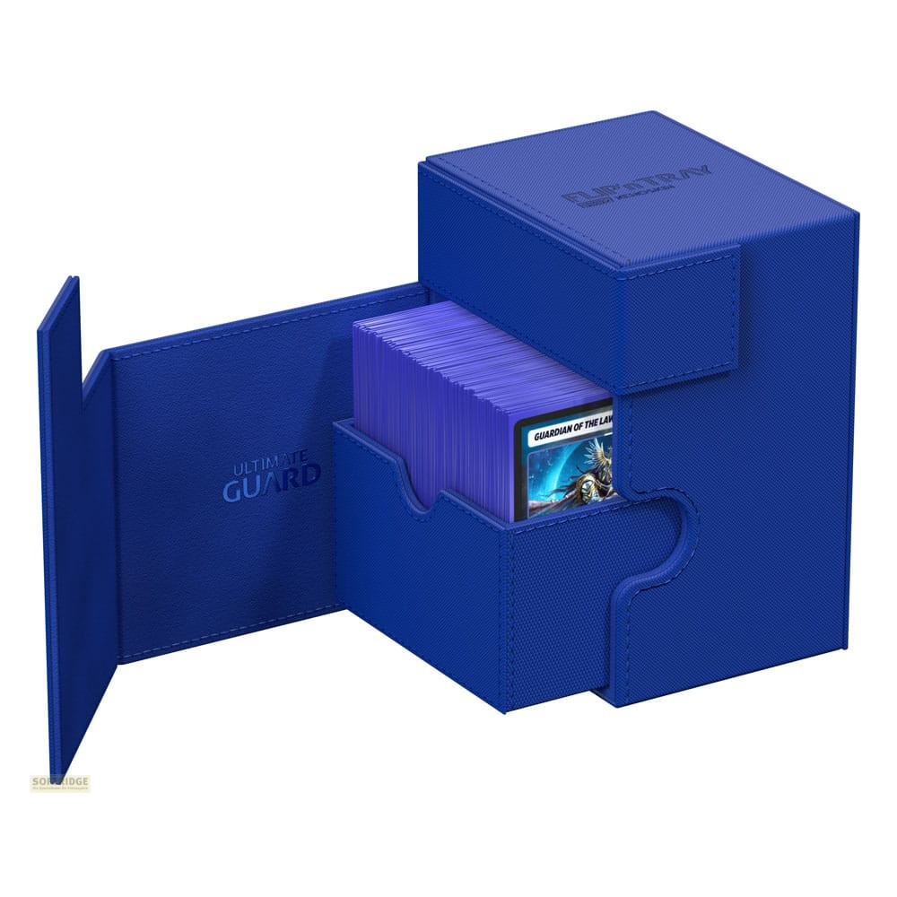BoÃ®te de deck Ultimate Guard bleue ouverte avec des cartes violettes sur fond blanc.