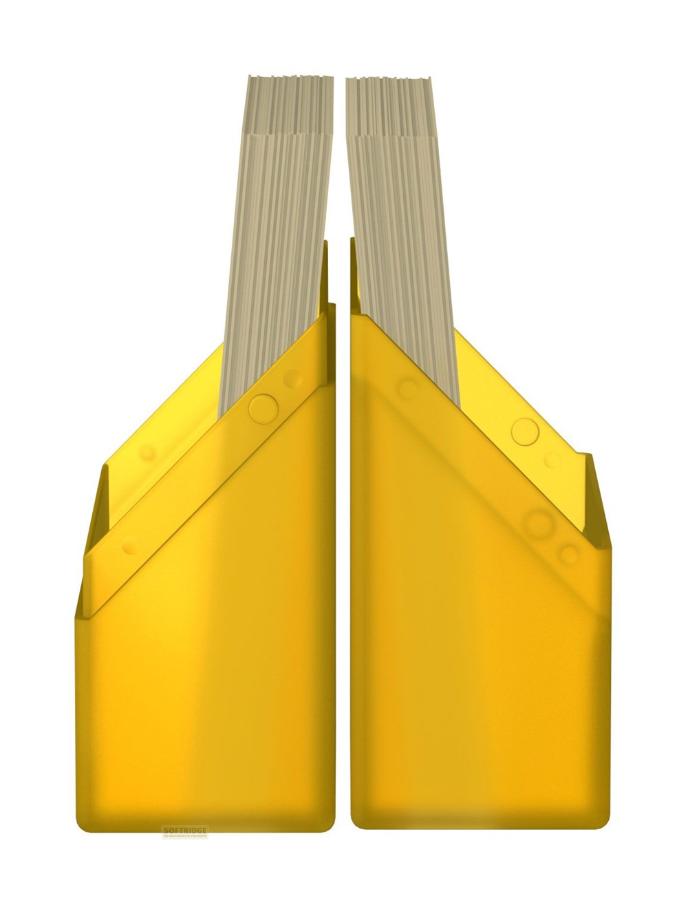 Deux supports jaunes contiennent chacun une pile de papier gris sur fond blanc.