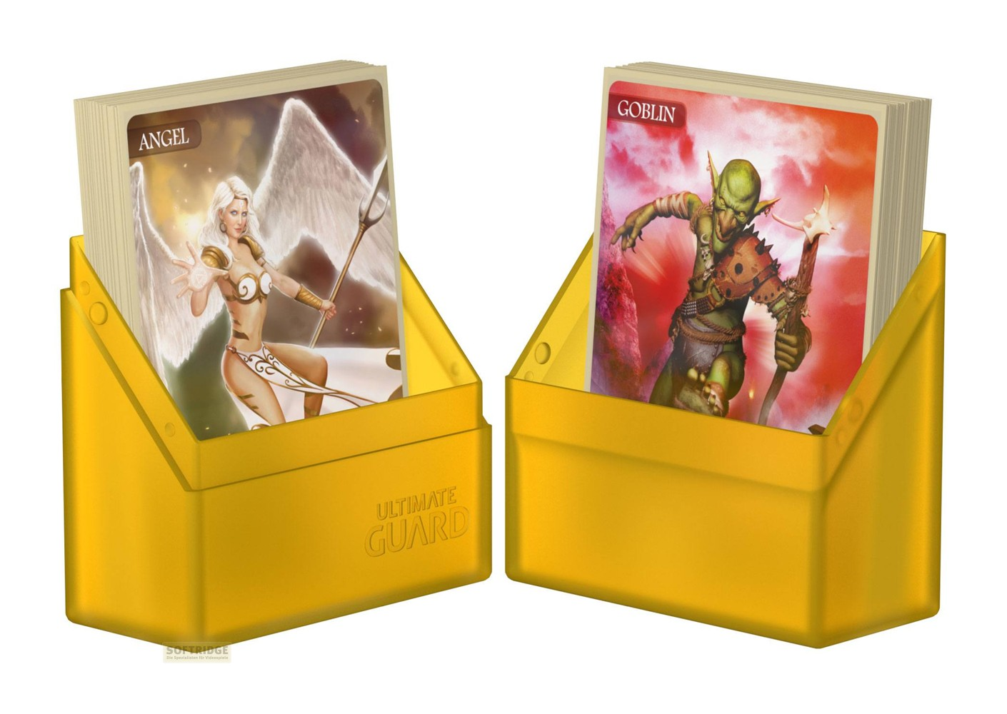 Deux boîtes de cartes jaunes contenant des decks, l'une montrant un ange et l'autre un gobelin.