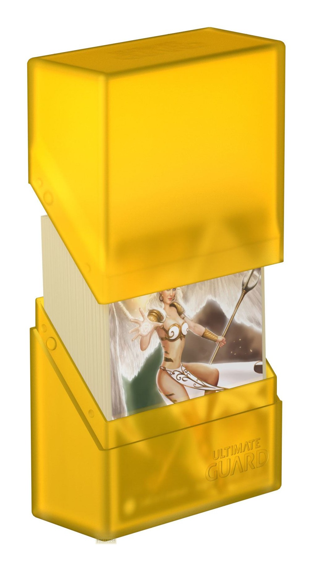 Une boîte de deck Ultimate Guard jaune ouverte, révélant un jeu de cartes avec un ange.