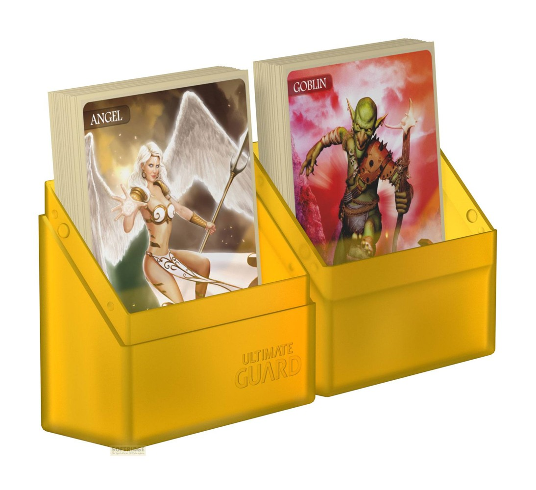 Deux boîtes jaunes contenant des cartes, l'une montrant un ange et l'autre un gobelin.