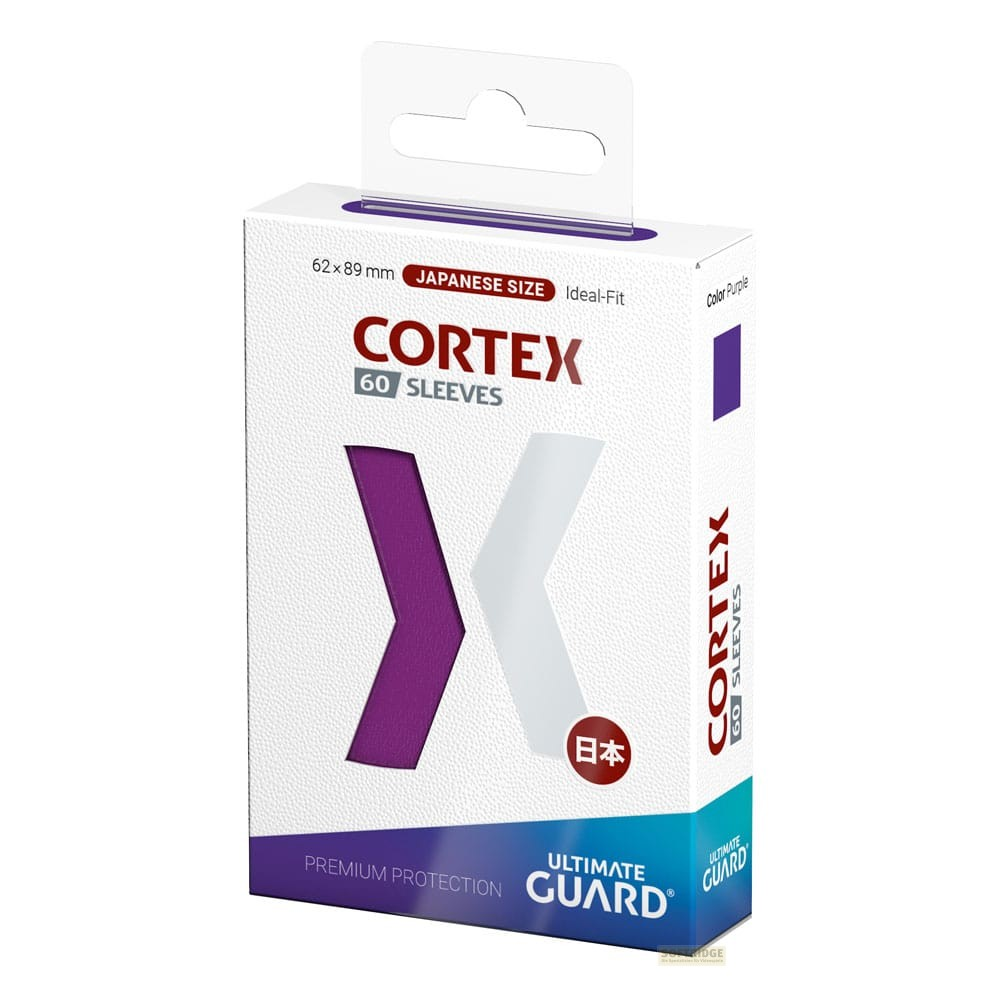 Boîte blanche de 60 protège-cartes Cortex avec accents violets, logo Ultimate Guard et taille japonaise sur fond blanc.