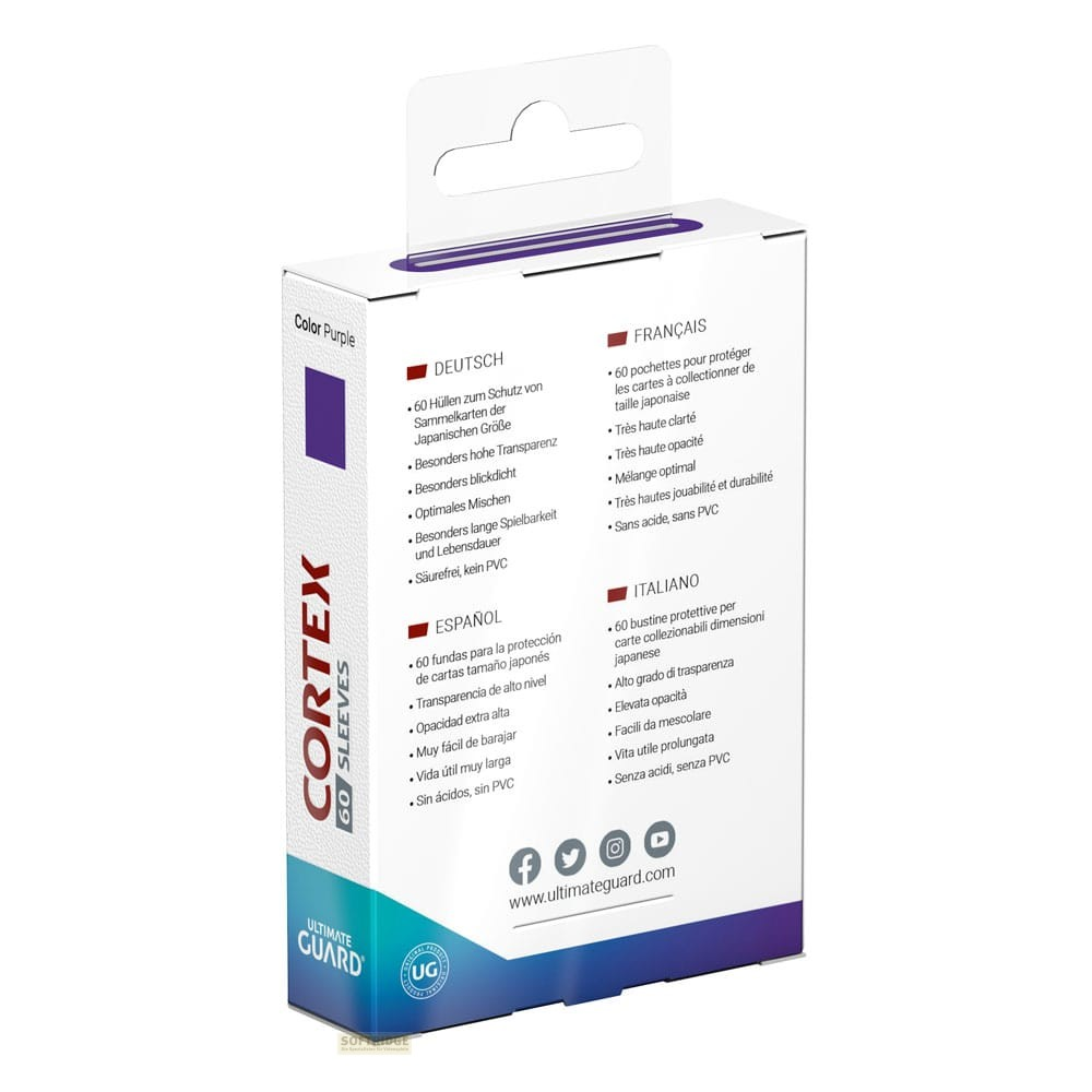 Arrière d'une boîte de protège-cartes Cortex violette avec des détails multilingues.