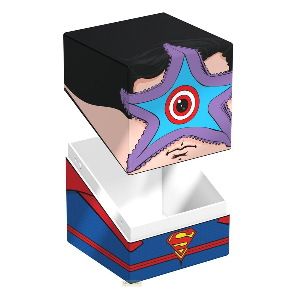 Boîte de rangement de cartes avec design Superman et graphique Starro sur le couvercle, ouverte sur fond blanc.