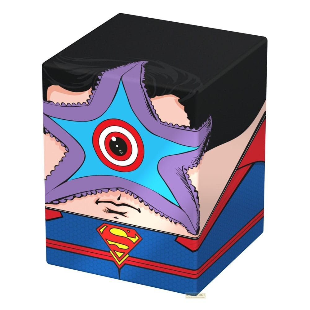 Cube représentant le visage de Superman avec un parasite étoile bleu et violet.