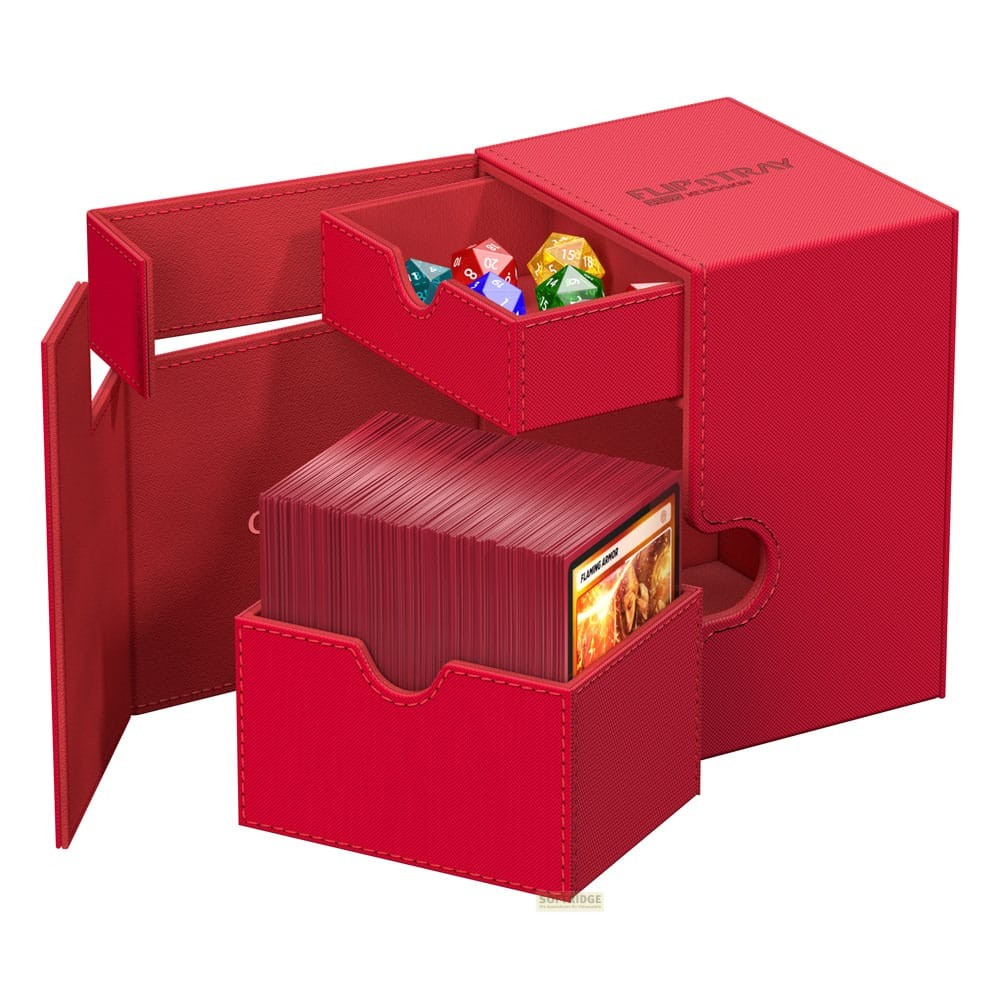 Boîte de cartes en cuir rouge avec compartiments pour cartes et dés.