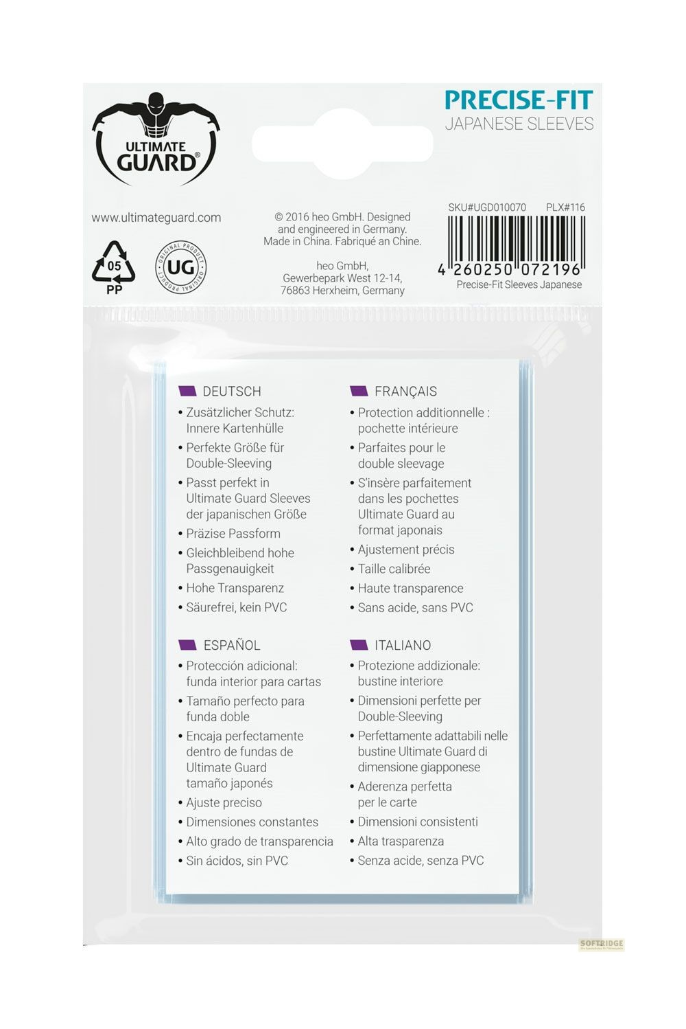 Dos d'un emballage de protège-cartes Ultimate Guard avec des informations en quatre langues et un code-barres.