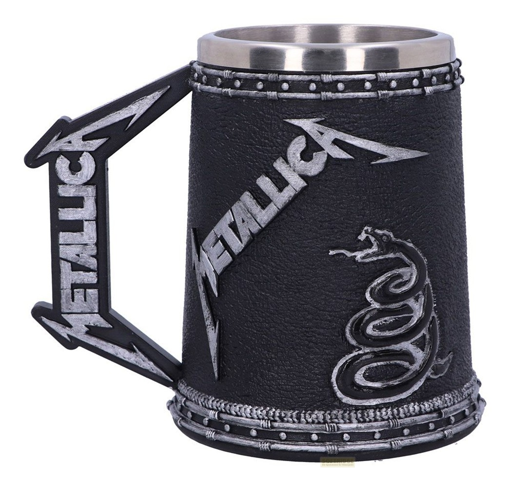 Jarra de cerveza Metallica negra y plateada con el logotipo de la banda y una serpiente.