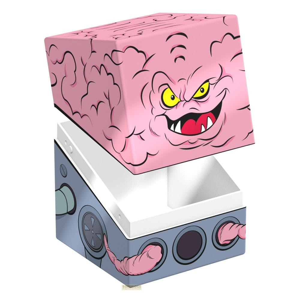Boîte à cerveau rose avec couvercle ouvert et yeux jaunes, décorée de tentacules sur fond gris.