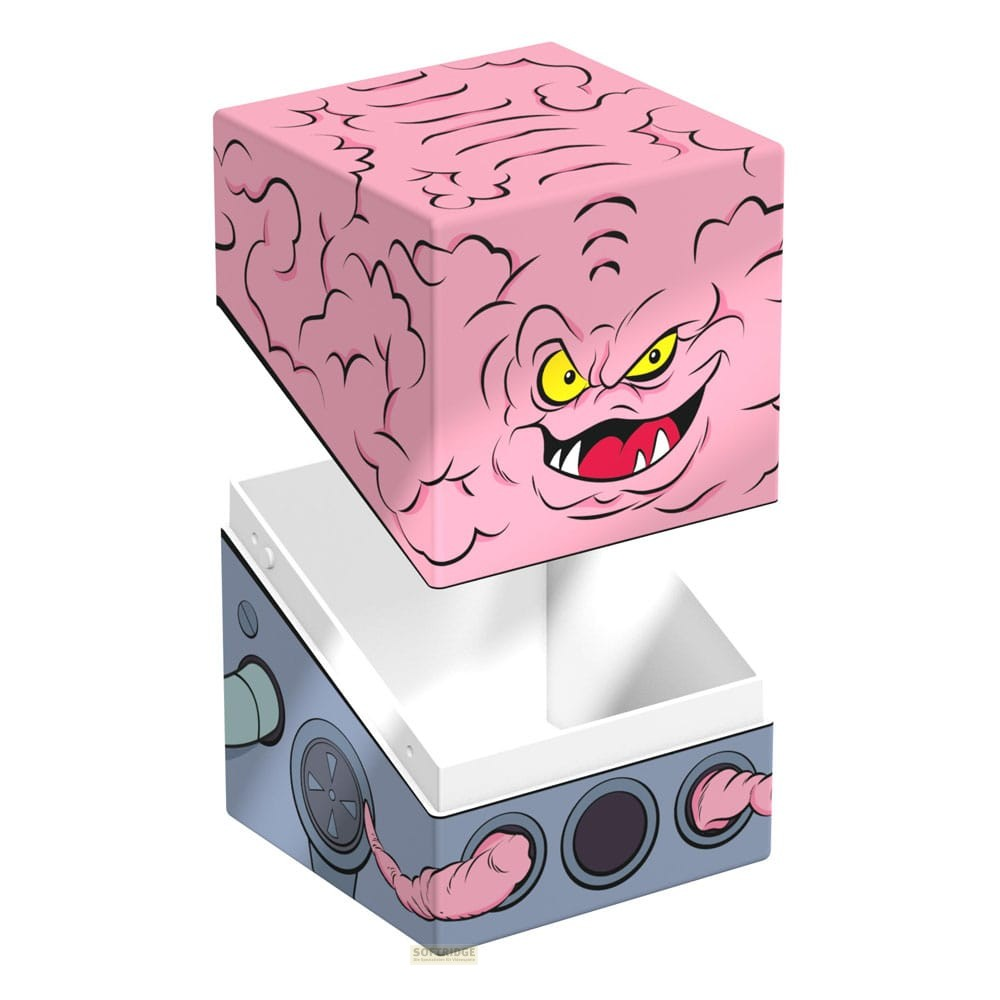 Un cube rose semblable à un cerveau flotte au-dessus d'une boîte grise avec des tentacules.