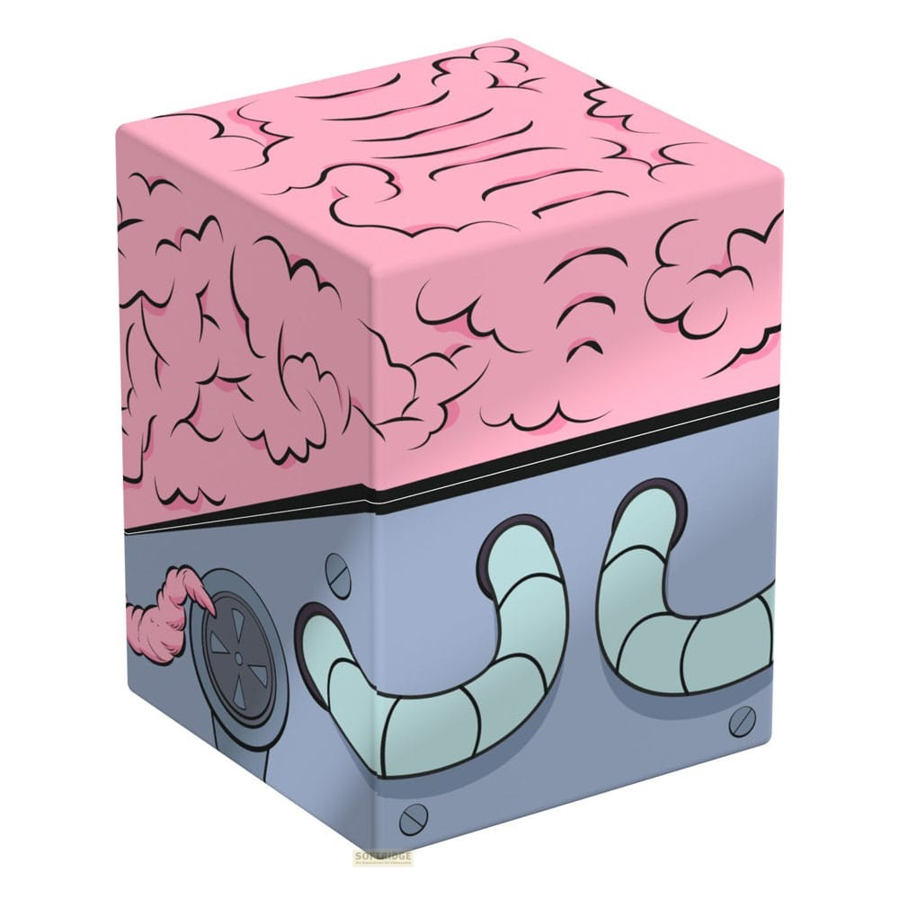 Un cube rose et bleu présente un motif de cerveau en haut et des tuyaux mécaniques en bas sur fond blanc.