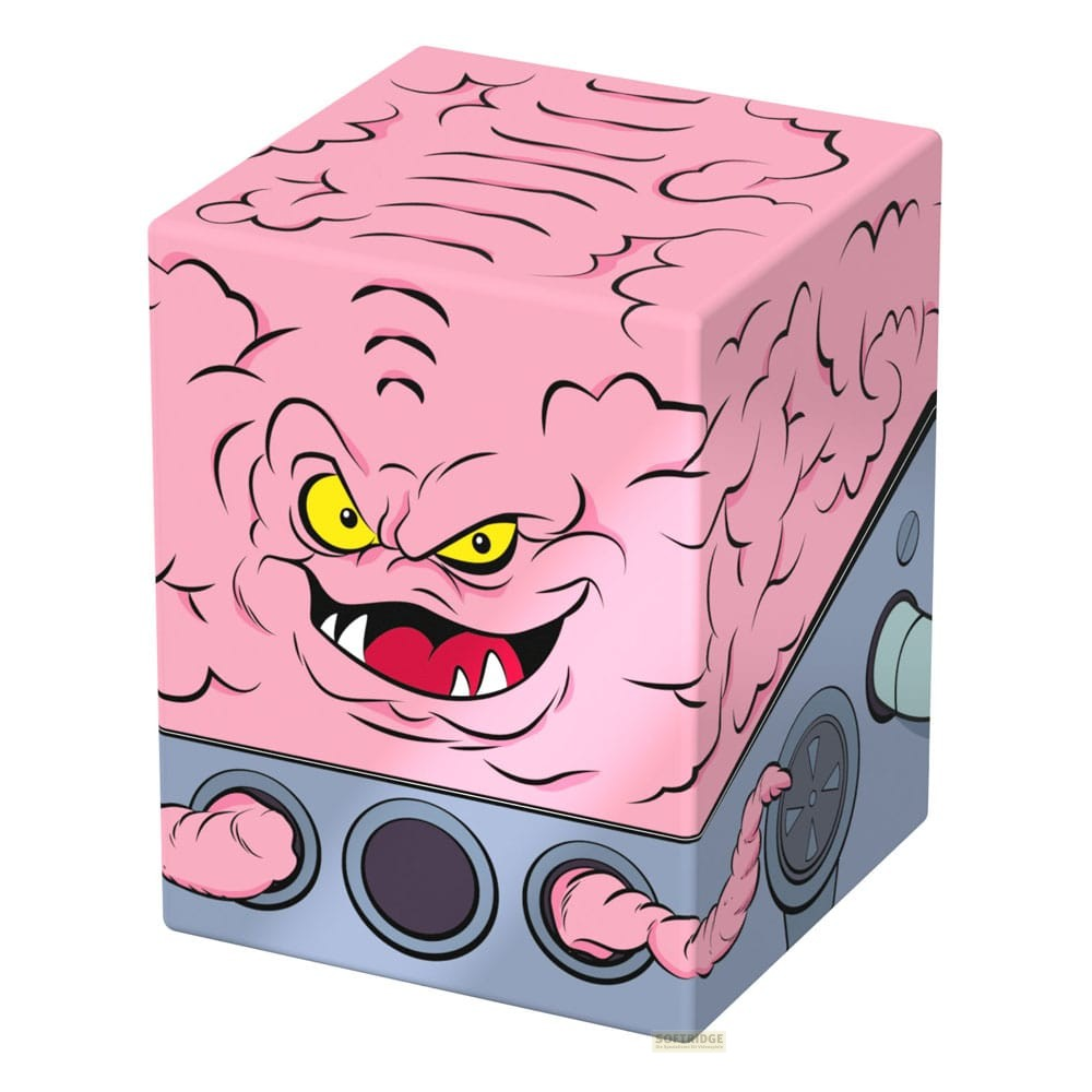 Une créature rose ressemblant à un cerveau avec une expression en colère sur un cube mécanique gris.