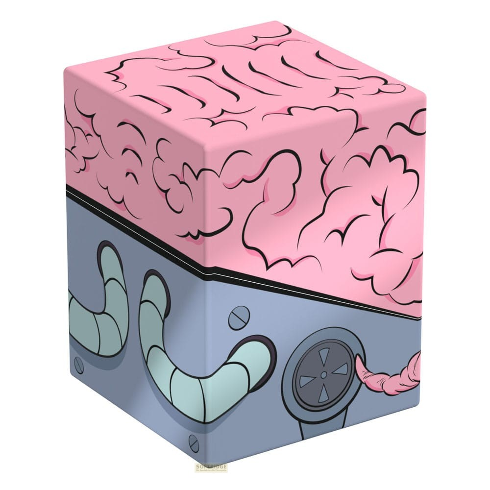 Un cube avec un motif de cerveau rose en haut et une machinerie grise en bas.