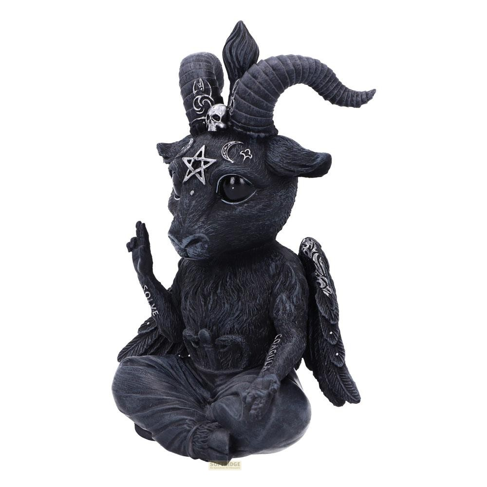 Estatua negra de Baphomet con grandes cuernos, pentagrama en la frente y alas, sobre fondo claro.