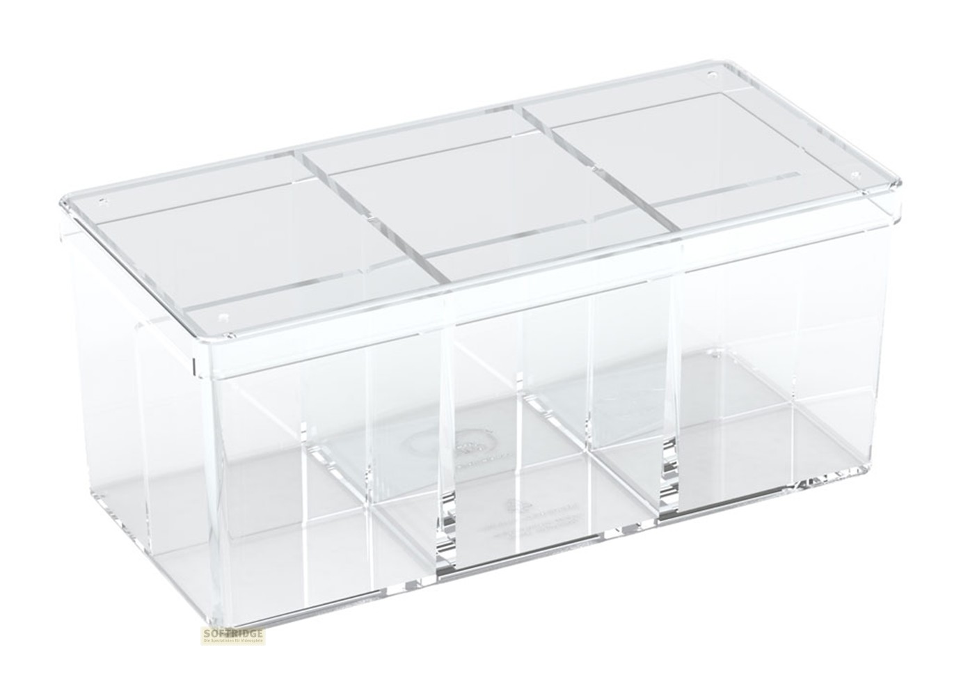 Un organisateur en acrylique transparent avec trois compartiments séparés et des couvercles amovibles.