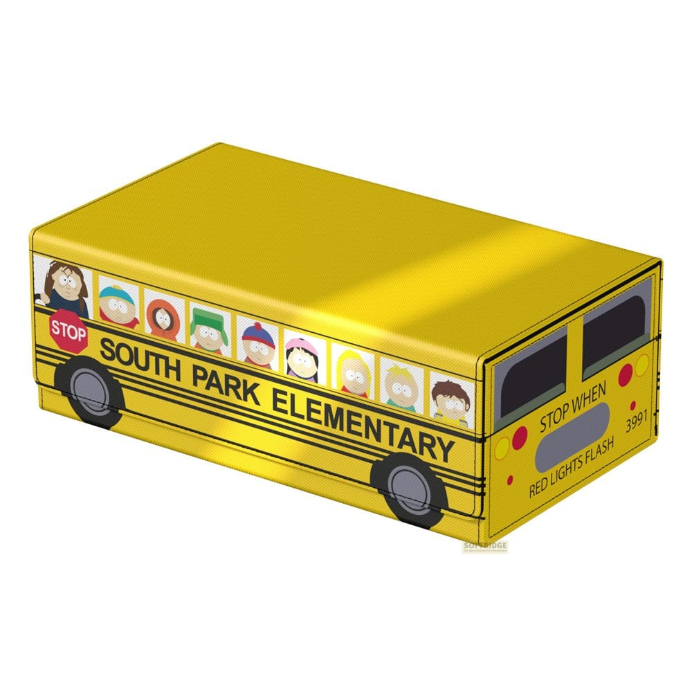 Boîte à jouets jaune en forme de bus scolaire South Park avec des personnages aux fenêtres.