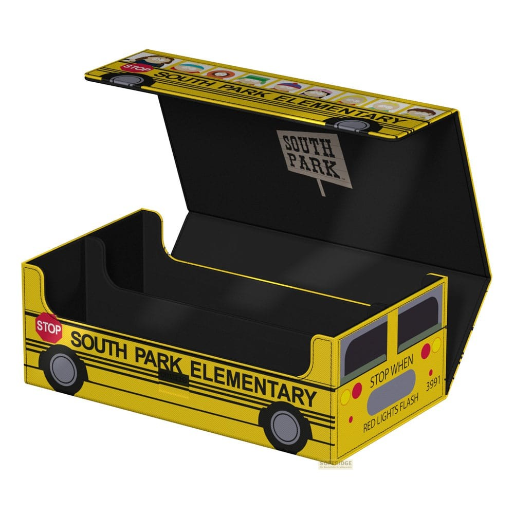 Boîte de rangement bus scolaire jaune avec couvercle ouvert et intérieur noir.