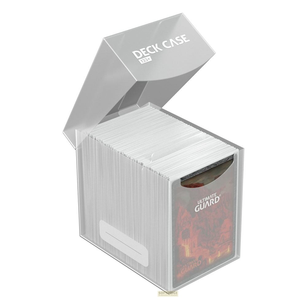 Boîte de deck transparente Ultimate Guard 133+ ouverte avec de nombreuses cartes et séparateur.