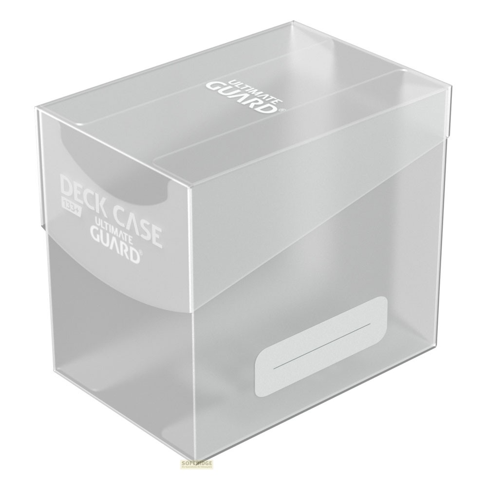 Boîte transparente Ultimate Guard Deck Case pour cartes à collectionner sur fond blanc.
