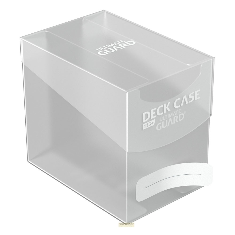 Boîte de deck Ultimate Guard 133+ transparente avec logo sur fond blanc.