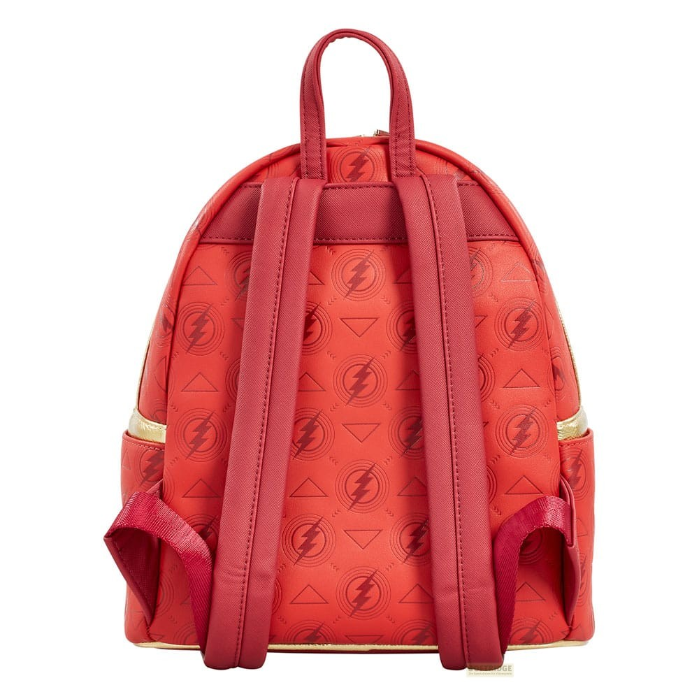 Vista trasera de una mochila roja estampada con símbolos de Flash y dos correas.