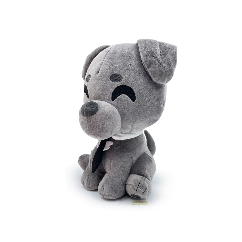 Un juguete de peluche gris con corbata negra sentado sobre fondo blanco.