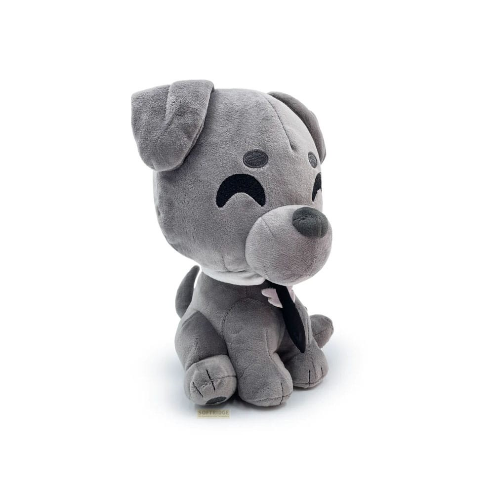 Un pequeño perro de peluche gris con orejas grandes, ojos negros y una corbata negra sentado sobre fondo blanco.