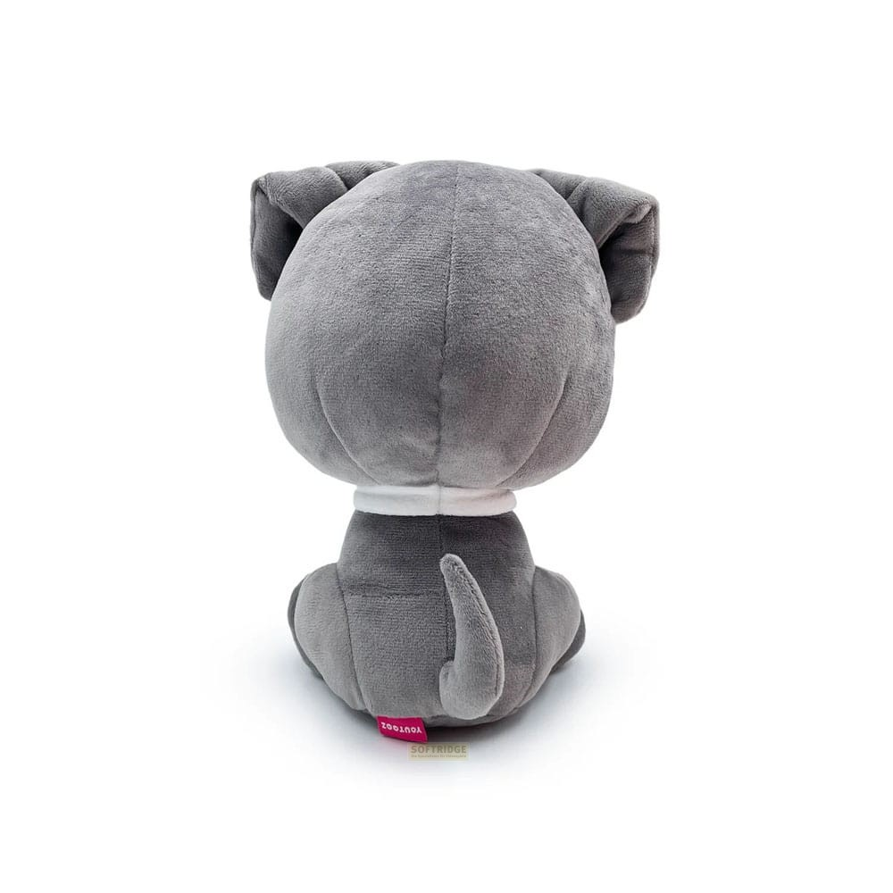 Vista trasera de un perro de peluche gris con collar blanco y orejas erguidas sobre fondo blanco.