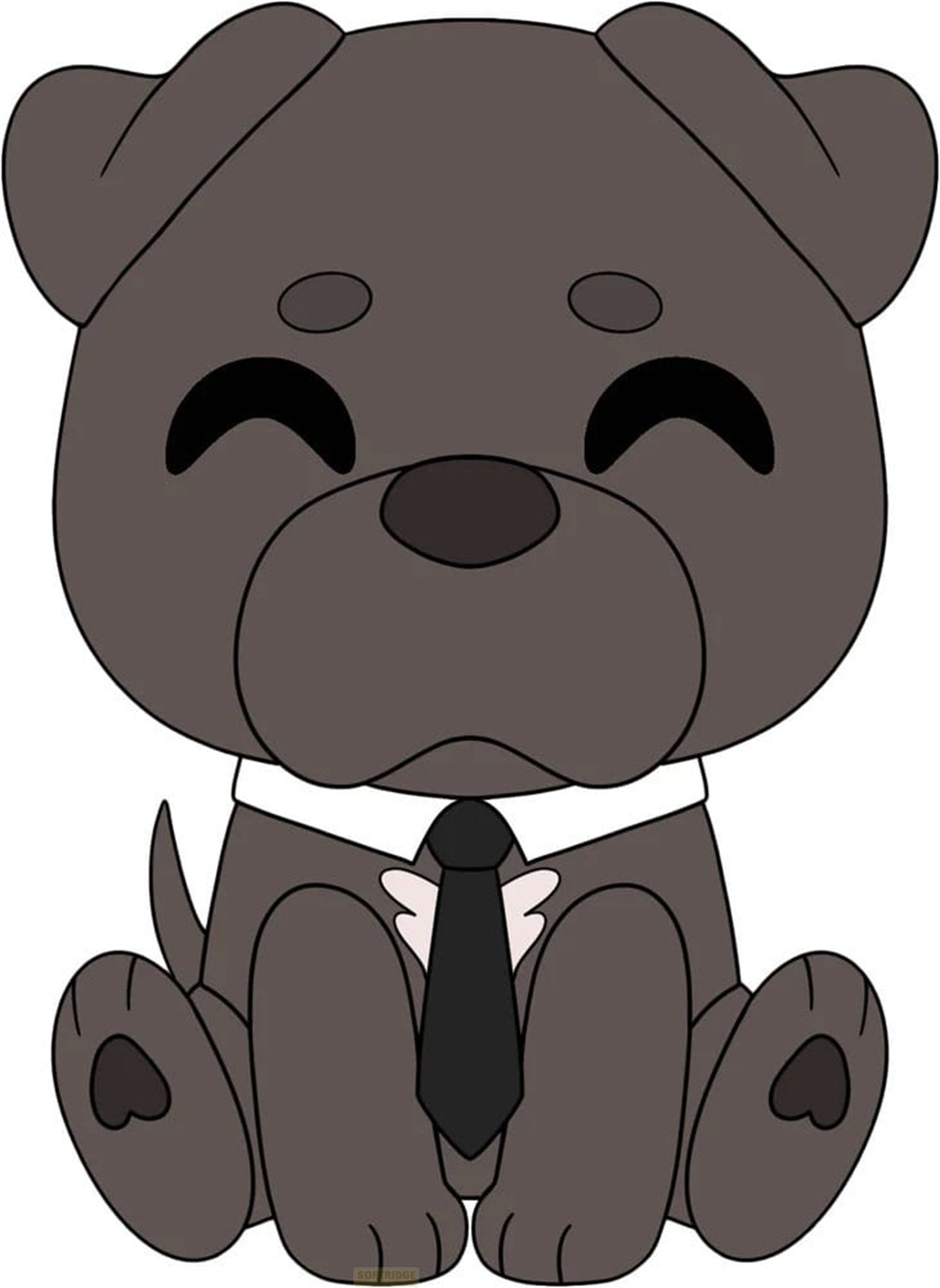 Un lindo perro de dibujos animados gris con ojos felices está sentado, vistiendo una camisa blanca y corbata negra.