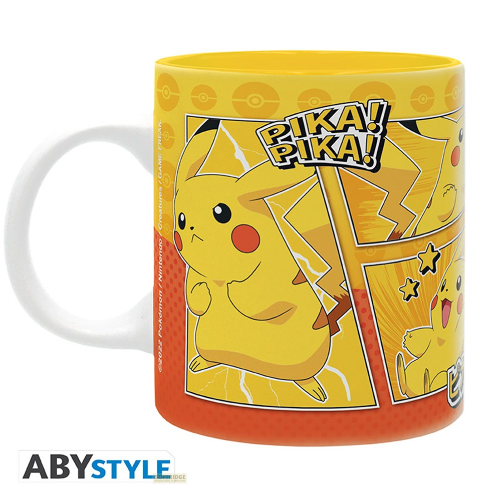 Tazza gialla dei Pokémon con illustrazioni a fumetti di Pikachu e manico bianco.