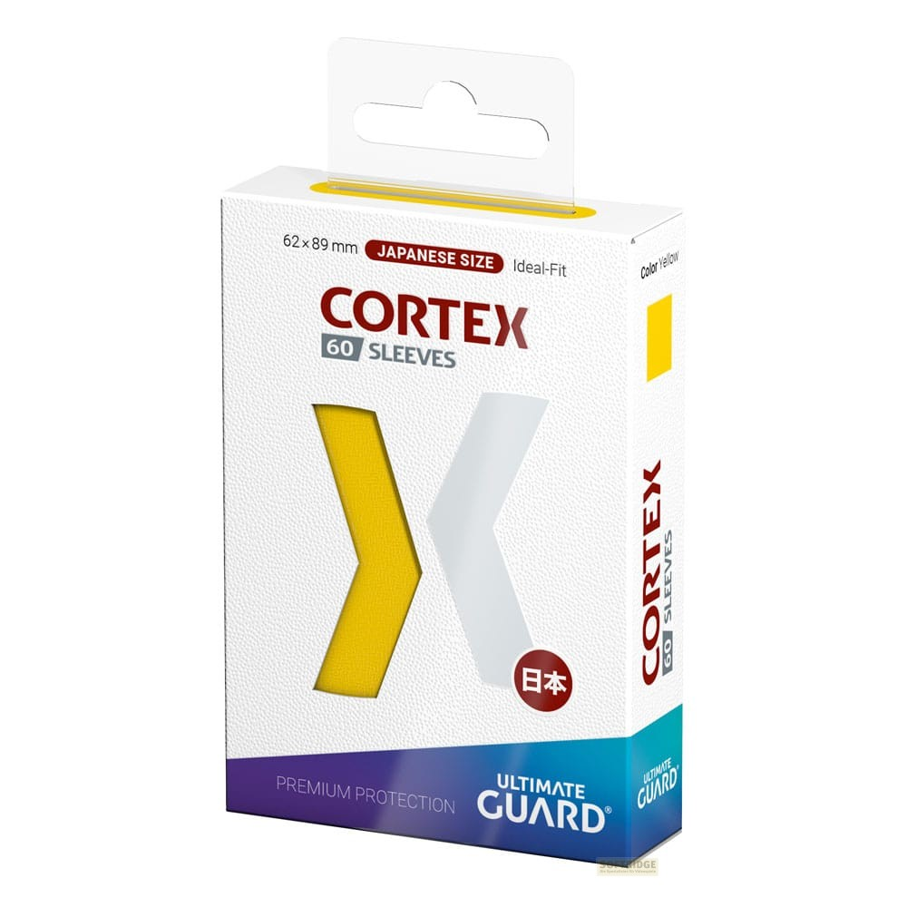 Boîte blanche de protège-cartes Cortex taille japonaise avec un X jaune et logo Ultimate Guard.