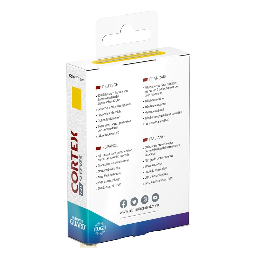 Dos d'une boîte de protège-cartes Ultimate Guard Cortex avec des informations multilingues.