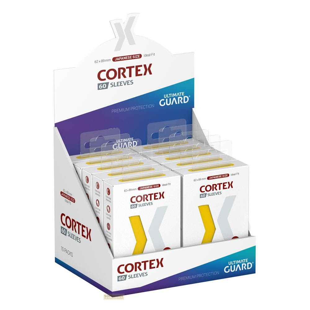 Boîte de présentation contenant dix paquets de protège-cartes Ultimate Guard Cortex taille japonaise, blancs et jaunes.