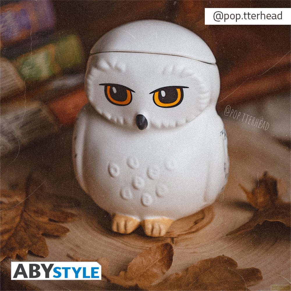 Una statuetta di gufo in ceramica bianca su legno con foglie autunnali e libri.