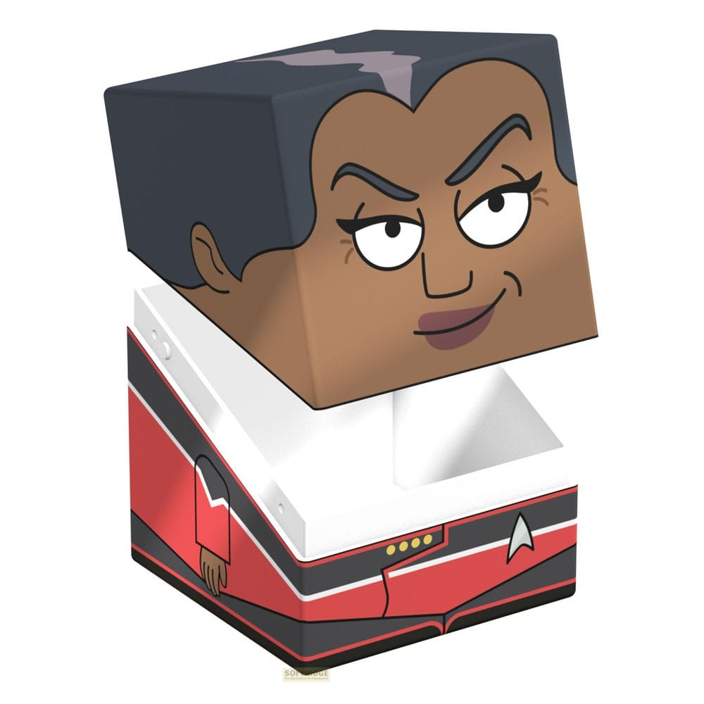 Une figurine en papier cubique d'un officier de Star Trek avec une tête de personnage et un uniforme rouge et noir.