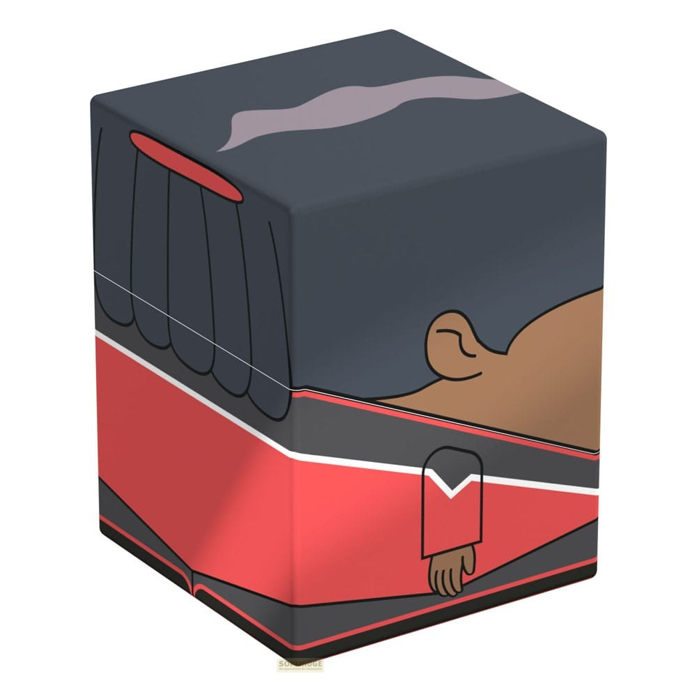 Une boîte stylisée présente un personnage illustré en uniforme rouge et noir avec des cheveux foncés.