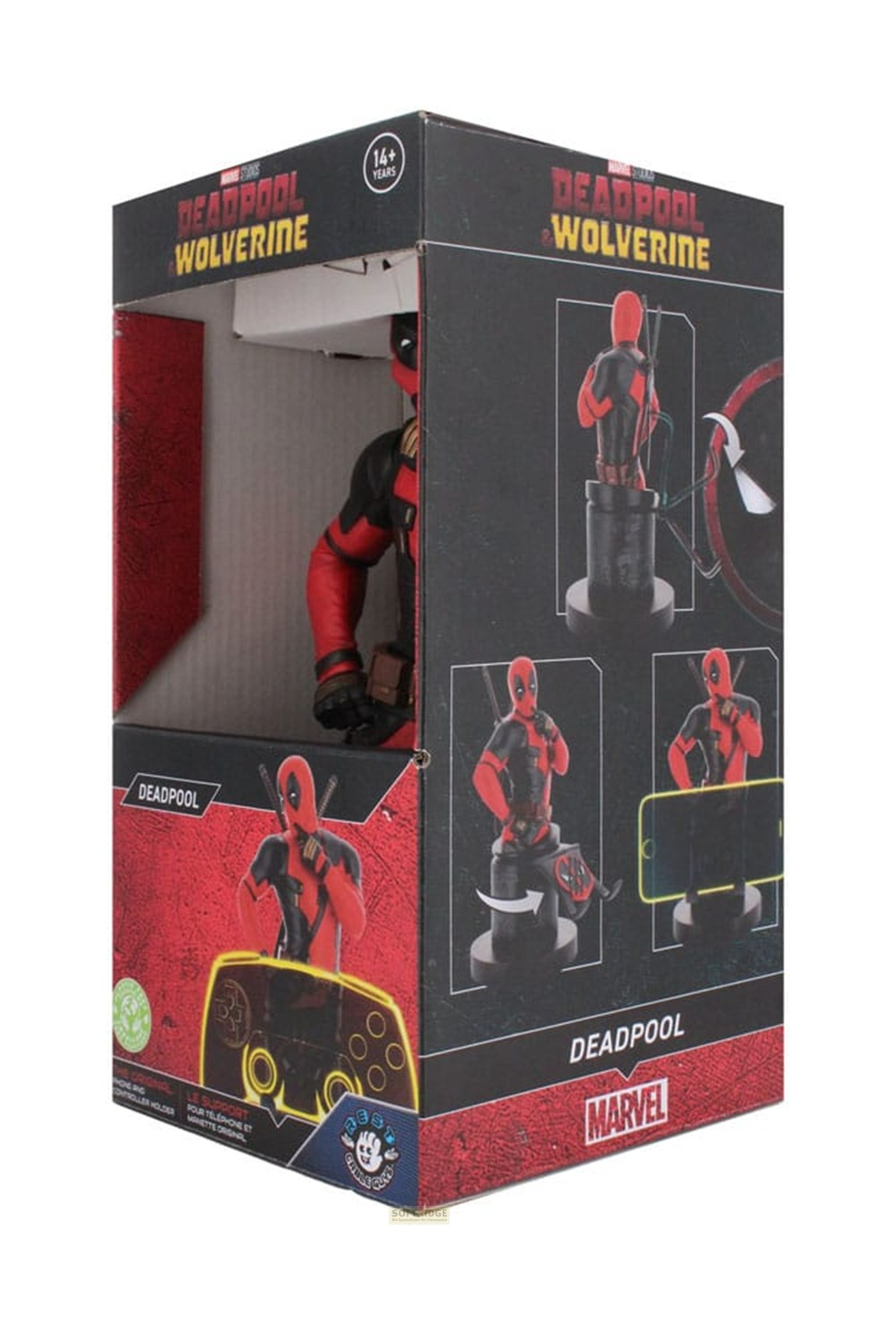 Caja de producto Marvel de Deadpool y Wolverine con figuras de personajes en los paneles frontal y lateral.