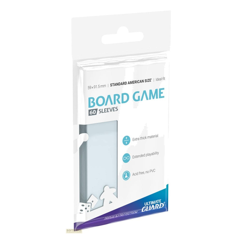 Un paquet de 60 protège-cartes transparents Ultimate Guard pour jeux de société au format américain standard.
