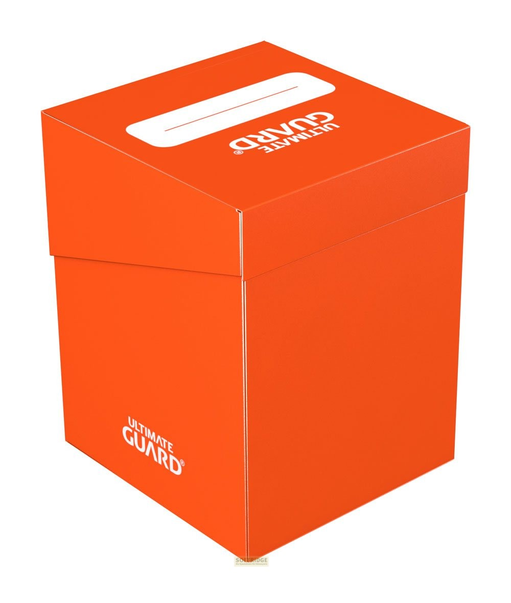 Une boîte de deck Ultimate Guard orange vif avec du texte blanc sur fond blanc.