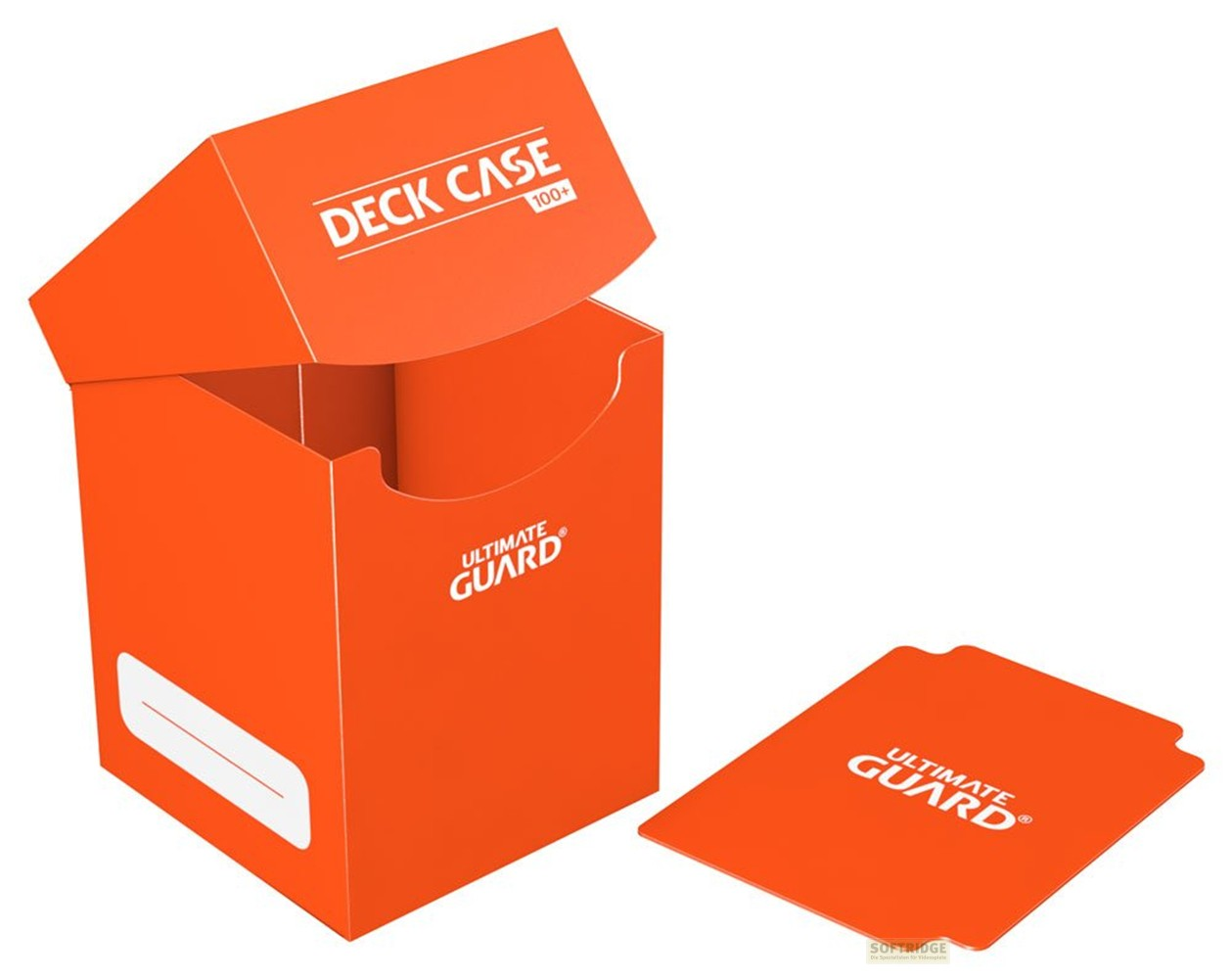Une boîte orange Deck Case 100+ avec couvercle ouvert et séparateur sur fond blanc.