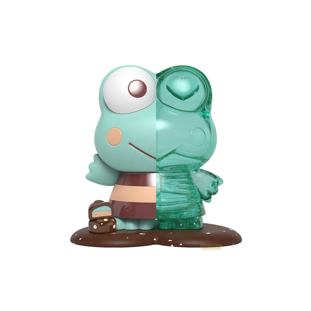 Una figura de rana dividida, izquierda mate y colorida, derecha verde transparente, sobre una base marrón.