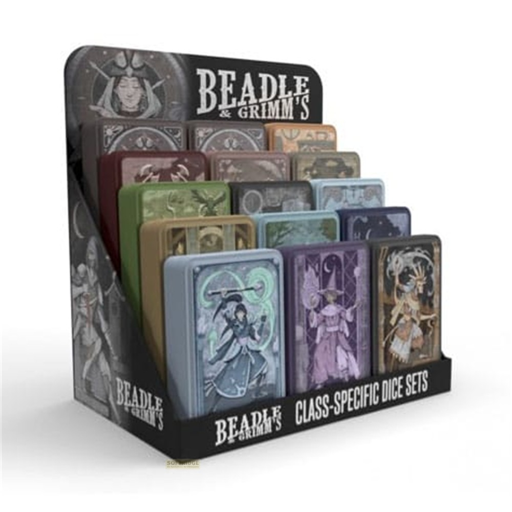 Pr présentation contenant des sets de dés de classe Beadle et Grimm dans des boîtes colorées avec art fantastique.