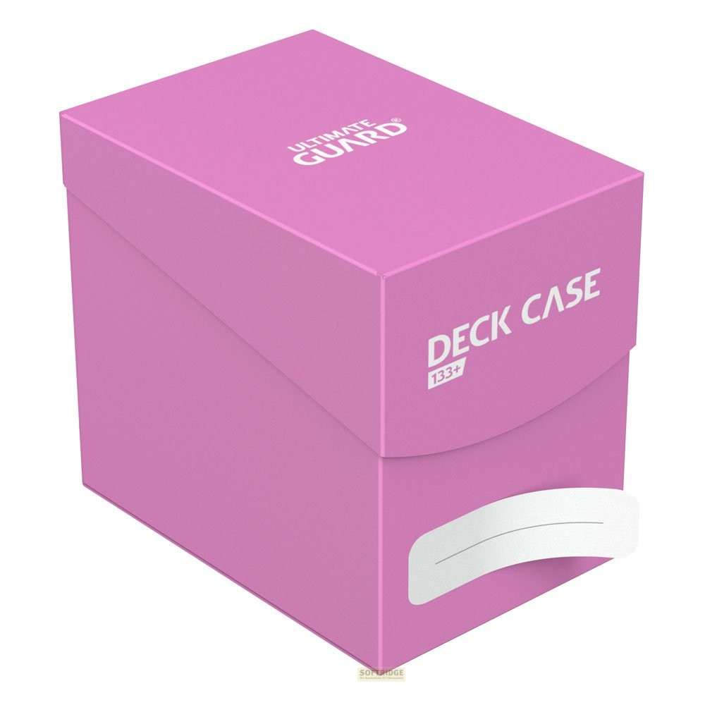 Une boîte de deck rose Ultimate Guard avec du texte blanc et une étiquette.