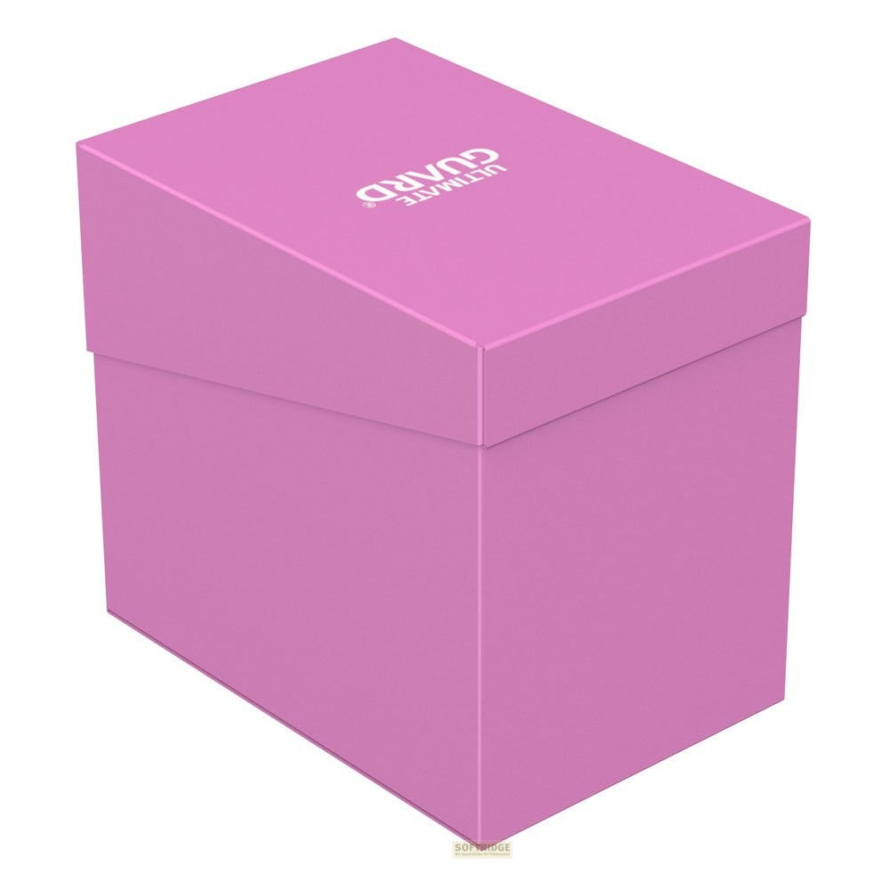 Une boîte de deck rose uni Ultimate Guard avec un couvercle incliné sur fond blanc.